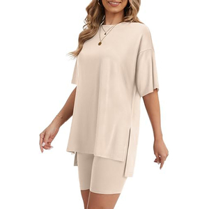 Women's Beige 2-Piece <b>Knitted</b> <b>Set</b> O-Neck Loose Short Sleeve Top With Above Knee Shorts Solid Breathable Casual Spring Summer - Product Image 4