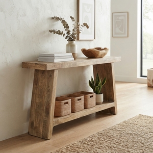 Solid Wood Console <b>Table</b> Modern <b>Rustic</b> A Line Frame Leg Natural Teak Style <b>Wooden</b> Entryway <b>Table</b> Home Living Room Furniture - Product Image 5