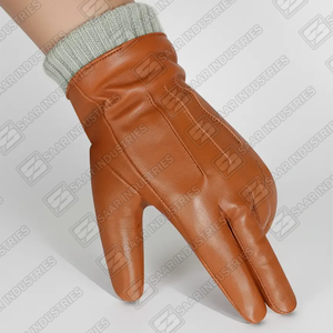 Gants d'hiver en cuir marron pour hommes avec doublure en laine, gants chauds coupe-vent en peau de mouton avec poignets côtelés - Product Image 2