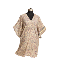 Kaftan en Soie Habotai 100% Blanc Ivoire Élite, Col en V, Manches à Volants, Robe de Nuit de Luxe Faite Main, Œuvre d'Art Féminine