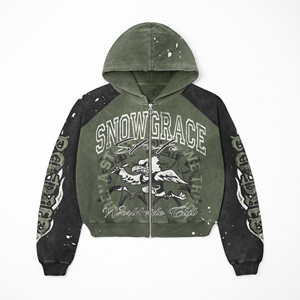 เสื้อฮู้ดซิปผู้ชาย Snowgrace สีเขียวดำ แขนเสื้อแบบแร็กแลน สไตล์สตรีทแวร์ ทรงโอเวอร์ไซส์ ลายพิมพ์ สำหรับใส่ในฤดูใบไม้ร่วง - Product Image 1