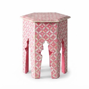 Taburete artesanal con incrustaciones de hueso, mesa auxiliar moderna con incrustaciones geométricas, mesa octogonal con incrustaciones de hueso en blanco y negro, mesa auxiliar decorativa, venta al por mayor - Product Image 3