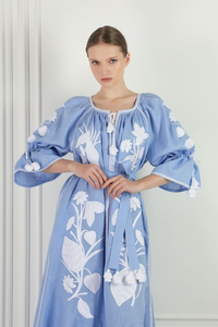 Vestido largo bohemio bordado para mujer, vestido largo de verano de algodón con cuello redondo y manga corta, bordado floral étnico - Product Image 2