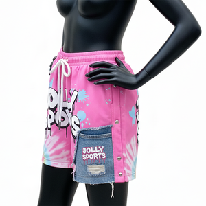 Short de bain pour femme en polyester et élasthanne de haute qualité, 160 GSM, séchage rapide, couleur rose, panneau en denim, logo personnalisé - Product Image 3