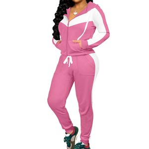 Ensemble de survêtement décontracté pour femme, rose et blanc, avec blocs de couleur, à capuche, fermeture éclair, manches longues, respirant, coupe régulière, pour l'automne - Product Image 1