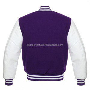 แจ็กเก็ตแฟชั่นขนแกะสีน้ำเงินแขนเสื้อหนังสีขาวงานทำมือแบบคลาสสิก - Product Image 2