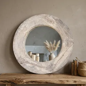 Miroir de courtoisie rond vintage en bois blanc vieilli, à suspendre, pour chambre, salon, entrée, maison, hôtel - Product Image 5