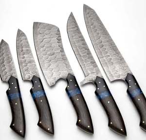 Ensemble de couteaux de cuisine en acier à motifs faits à la main, 5 pièces, manche en bois d'ébène et résine bleue, ensemble de couverts professionnels pour la cuisine - Product Image 6