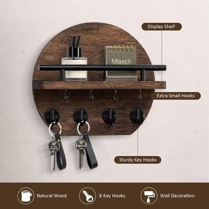 Porta Llaves de Pared de 9.8 Pulgadas, Decoración de Pared para Apartamento con Estante y 8 Ganchos para Llaves, Colgador de Llaves Circular de Madera para Decoración del Hogar - Product Image 6