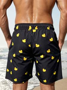 Bañador de verano negro para hombre con estampado de pato de dibujos animados, divertidos pantalones cortos de playa con cordón en la cintura y bolsillo, ropa de baño informal para vacaciones - Product Image 2