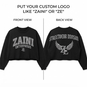 <b>Women</b> Crop Top Sweatshirt Premium <b>Fleece</b> 320 GSM <b>Black</b> Crewneck Pullover With Rhinestone Heat Transfer Custom Logo Urban Style - Product Image 1