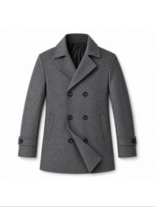 Manteau en laine croisé pour homme, à revers crantés, long, épais, à manches classiques, en tissu tissé, gris - Product Image 2