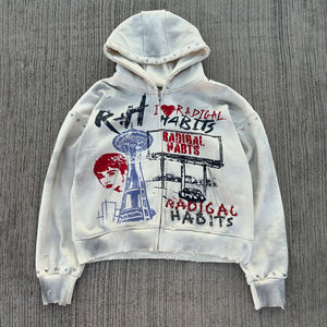 Sudadera con capucha blanca con cremallera Radical Habits para hombre, con estampado gráfico, detalles de pedrería y dobladillo y puños desgastados - Product Image 1