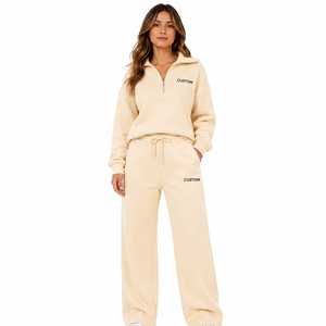 Ensemble de survêtement jaune personnalisé pour femme, pull demi-zip, pantalon large, molleton doux, tenue décontractée, fournisseur OEM pour marque personnalisée - Product Image 1