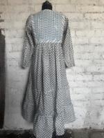 Robe longue bohème pour femme, imprimée à la main, tissée, taille naturelle, col en V, manches bouffantes, coupe trapèze, superposée, ample, 100 % coton respirant