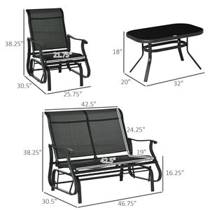 Set di Mobili da Esterno in 4 Pezzi, Nero, con 2 Sedie a Dondolo e Tavolo in Ferro e Vetro per Palestre o Ospedali - Product Image 3