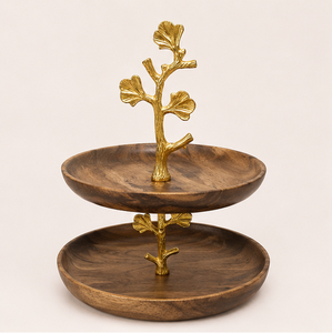 Luxury 2 Tier Acacia Wood Cake <b>Stand</b> with Gold <b>Tree</b> Branch Handle Modern Tiered Dessert Display <b>Stand</b> for Weddings Parties - Product Image 5