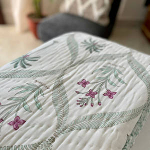 Hand-Block Printed Palm Tree & Pink Floral Cotton Jaipuri Razai / <b>Quilt</b> Reversible Tropical AC 90*108" Size Dohar <b>Bedding</b> - Product Image 2