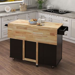 Isola da Cucina in Legno Massello con Piano Estensibile Nero, Dotata di Portaspezie e Portasciugamani - Product Image 5