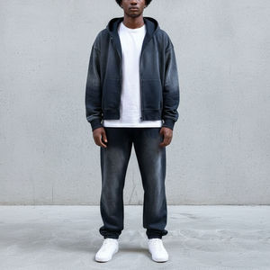 ชุดเซ็ต 2 ชิ้น คุณภาพสูงสำหรับผู้ชาย ผ้าฟลีซคอตตอน 100% ล้างสีซีดแบบซันเฟด พิมพ์โลโก้ตามสั่ง เสื้อฮู้ด สตรีทแวร์ ฮิปฮอป แทรคสูท - Product Image 2