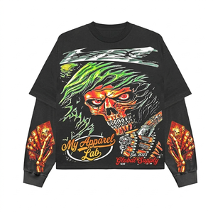 Camisa Premium de Doble Capa de Algodón de 220 GSM, Negra con Estampado Gráfico, Panel de Manga en Contraste, Logotipo Personalizado - Product Image 2