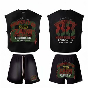 Ensemble court sans manches pour homme en jersey de coton premium 240 GSM noir avec logo graphique personnalisé imprimé, haut et short, tenue streetwear - Product Image 1