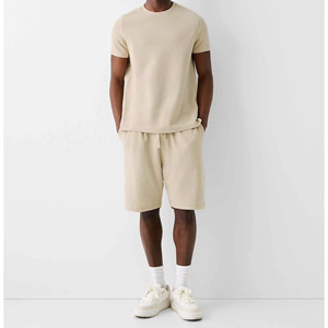New Arrival Men's Light Blue Cotton Terry T-Shirt Set Crew Neck Solid Color Casual Summer Shorts Breathable Knitted Fabric - Product Image 6