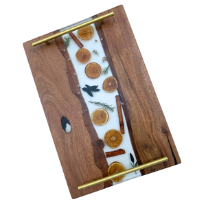 Plateau de service rustique en bois avec incrustation en résine, agrumes et herbes séchées, rectangulaire, fait main, vaisselle de cuisine - Product Image 1