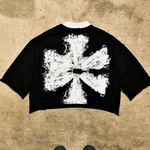Camiseta Corta Blanca Extra Grande para Hombre con Estampado Geométrico Negro, Ribete en Contraste, Manga Corta, Estilo Urbano, Cuello Redondo, Jersey de Algodón - Product Image 5
