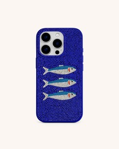 Funda de Teléfono Hecha a Mano con Cuentas de Vidrio Bordadas, Diseño de Pez, Color Azul, Base de Poliéster, Rectangular - Product Image 1