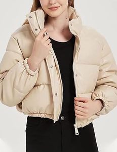 Veste courte matelassée en similicuir crème pour femme, col montant, chaude, pour l'hiver, vente en gros - Product Image 3