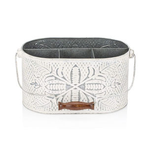 Porte-couverts vintage en métal galvanisé blanc vieilli style ferme avec poignée en bois et 4 compartiments pour ustensiles de cuisine - Product Image 1