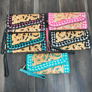 Cartera de mano de cuero repujado estilo occidental con estampado floral a cuadros para mujer, tarjetero para tarjetas de crédito y monedero de muñeca para uso diario - Product Image 2