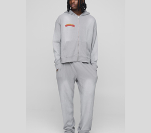 Men's Gray Hooded Sweatshirt <b>Set</b> with Front Logo Print Casual Jogger Pants 100% Cotton Fleece Breathable Winter Streetwear - Product Image 4