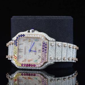Relojes de Mano de Lujo para Hombre y Mujer, Esfera Cuadrada con Diamantes de Arcoíris, Esfera con Números Arábigos, Acero Inoxidable, Metal Azul, Estilo Moderno - Product Image 3