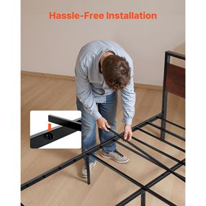 Cadre de lit plateforme en métal noir de 14 pouces, tête de lit et pied de lit en bois brun rétro, grand lit king size avec rangement sous le lit, lits en métal rétro - Product Image 5