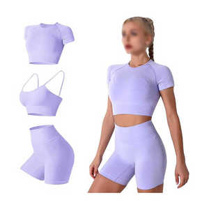 Lavender Yoga Set Crop Top High Waist Shorts Seamless <b>Racerback</b> Sports <b>Bra</b> Breathable Quick Dry Workout Wear By Twin City - Product Image 1