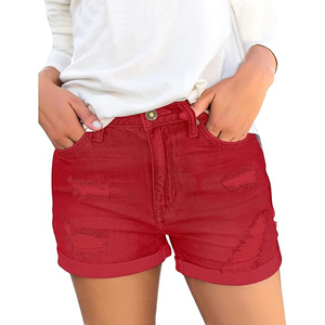 Shorts de mezclilla índigo desgastados para mujer, shorts vaqueros de cintura alta rasgados, pantalones cortos de mezclilla casuales de verano con dobladillo con vuelta, sexys y a la moda. - Product Image 4