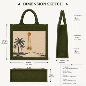 Sac fourre-tout vert en jute et coton laminé, imprimé palmiers, écologique, réutilisable, pour courses, exposition, avec poignées en corde - Product Image 2
