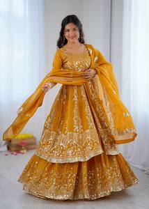 Heavy Micro Cotton Crunchy Silk Heavy Embroidery Sequence Work With Sleeves Party Wear <b>Top</b> <b>Lehenga</b> and Dupatta Set - Product Image 5