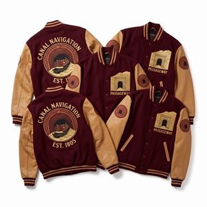 Chaqueta universitaria al por mayor, gris jaspeado, cuerpo de lana, mangas de cuero marrón óxido, abrigos Letterman de la Marca Hearth Engineers Air Forge Bellows - Product Image 2