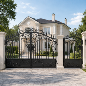 Puerta de Entrada Doble de Hierro Forjado Negro Ornamentado con Puerta Peatonal para Entrada de Jardín de Villa, Diseño de Seguridad - Product Image 1