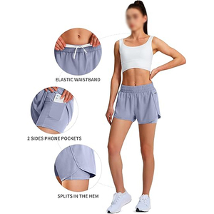Shorts de sport pour femmes à double couche avec poche pour téléphone, en polyester, séchage rapide, fluides, taille haute, respirants, pour le yoga et l'entraînement - Product Image 3