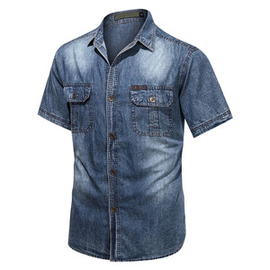 Camisa de Mezclilla de Verano para Hombre, Manga Corta, Algodón Suave, Transpirable, Corte Regular, Estilo Vintage Lavado, Camisa Formal con Doble Bolsillo - Product Image 1