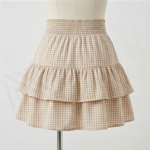 Jupe courte à carreaux pour femme, taille élastique, style A, avec volants, style doux - Product Image 2