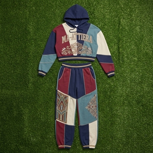 Womens Patchwork <b>Cropped</b> Hoodie Tracksuit Set Custom Embroidered Streetwear <b>Jogger</b> Matching Two Piece Street Outfit - Product Image 6