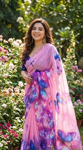 KUNJ CREATION Saree indien style Gujarati Gram Blooming avec broderie, bordure en dentelle à sequins et pièce de chemisier, pour tenue de soirée - Product Image 5