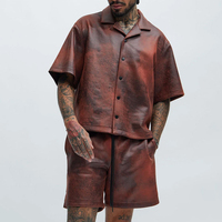 Survêtement en similicuir marron délavé de haute qualité – Streetwear Hip Hop pour hommes – Ensemble à manches courtes avec logo personnalisé