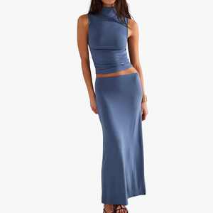 Wholesale Women Long <b>Skirts</b> Summer 2026 Drawstring High Waisted Satin Maxi <b>Skirt</b> With Mock Neck Crop Top 2Pcs Sets For Women - Product Image 1