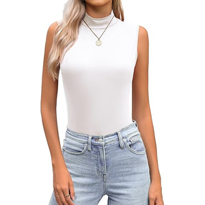 บอดี้สูทคอเต่าสีขาว แขนกุด ผ้าถักเรียบง่าย สไตล์ลำลอง เสื้อผู้หญิง - Product Image 1